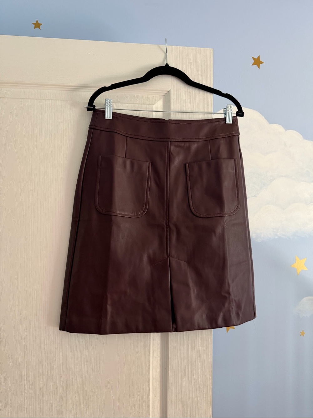 Women'sFaux Leather Pocket Mini Skirt - Dark Brown/Red
